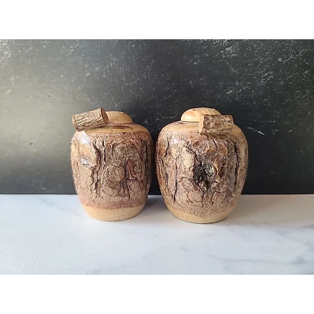 Vintage Wooden Barrel Shaped Tree Bark Salt And Pepper Shakers